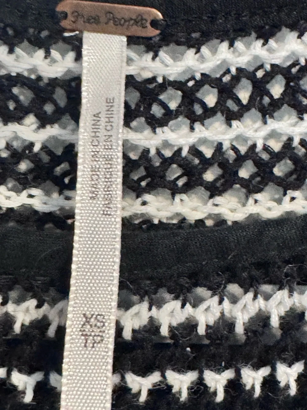 Free People Black & White Crochet Yoke Long Sleeve Top XS
